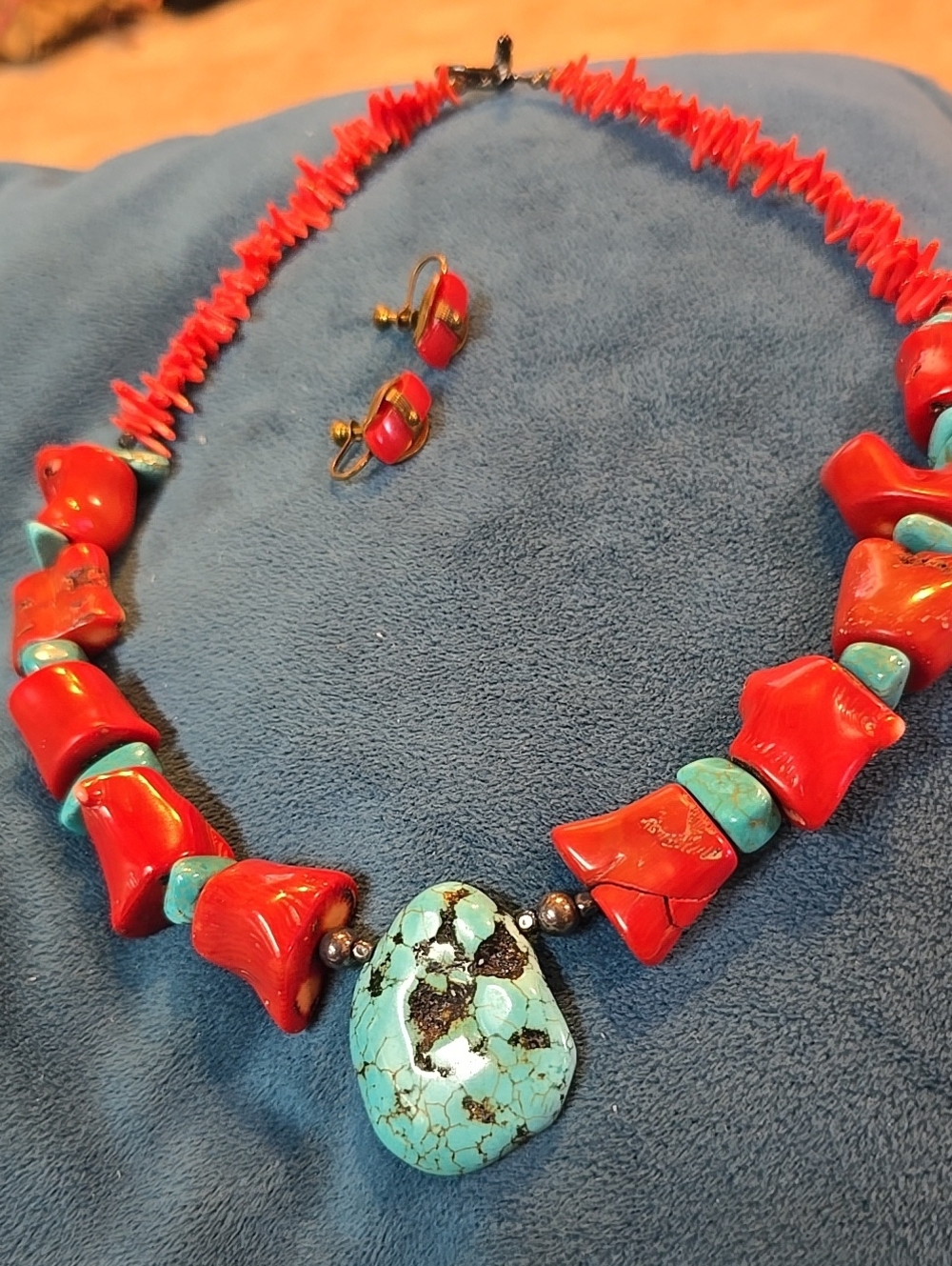 Handcrafted Red Coral & Turquoise Statement Necklace 20" Matching Earrings